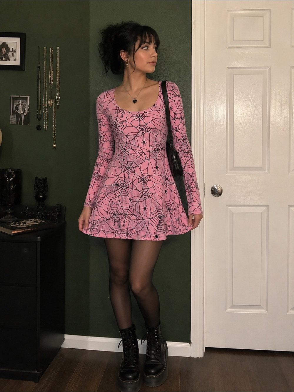 Dolls Kill Pink Spiderweb Print Long Sleeve Skater Dress